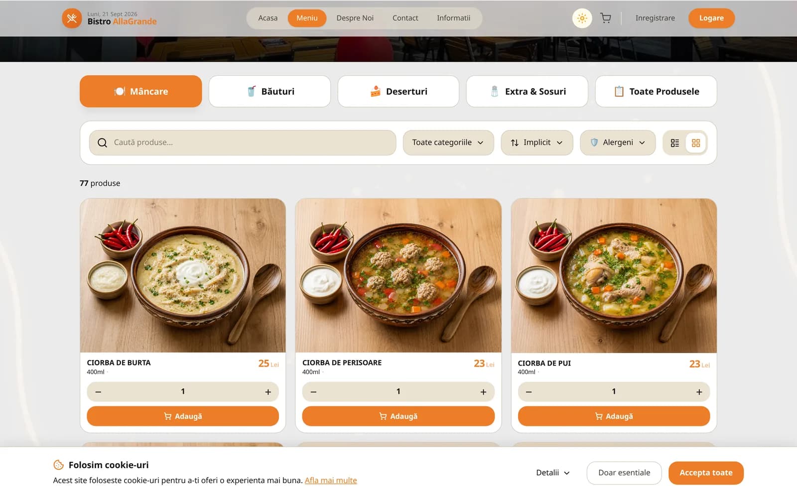Meniul digital Bistro AllaGrande, cu categorii, imagini și butoane de adăugare în coș