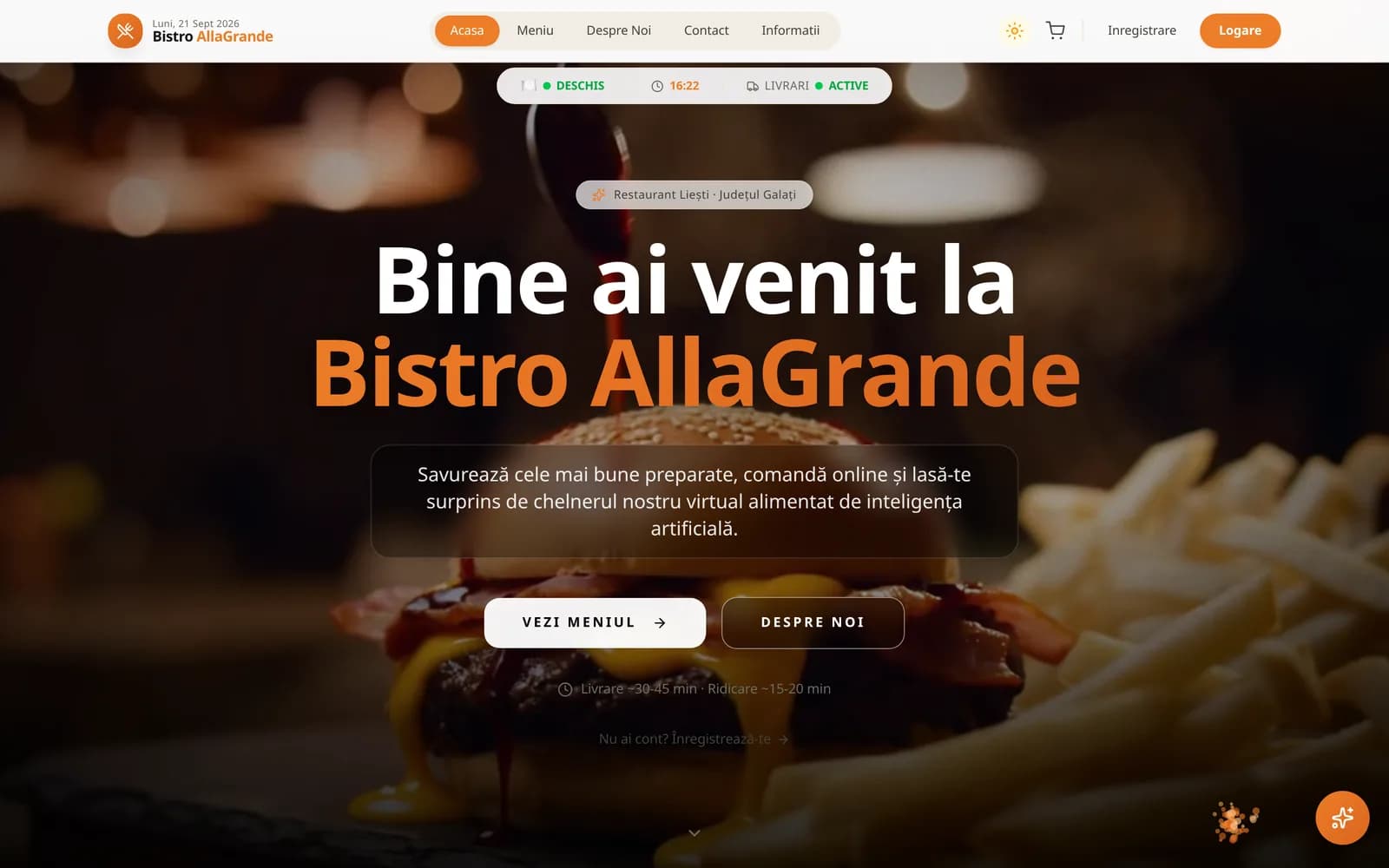bistroallagrande.ro — pagina principală cu meniul și chelnerul virtual AI
