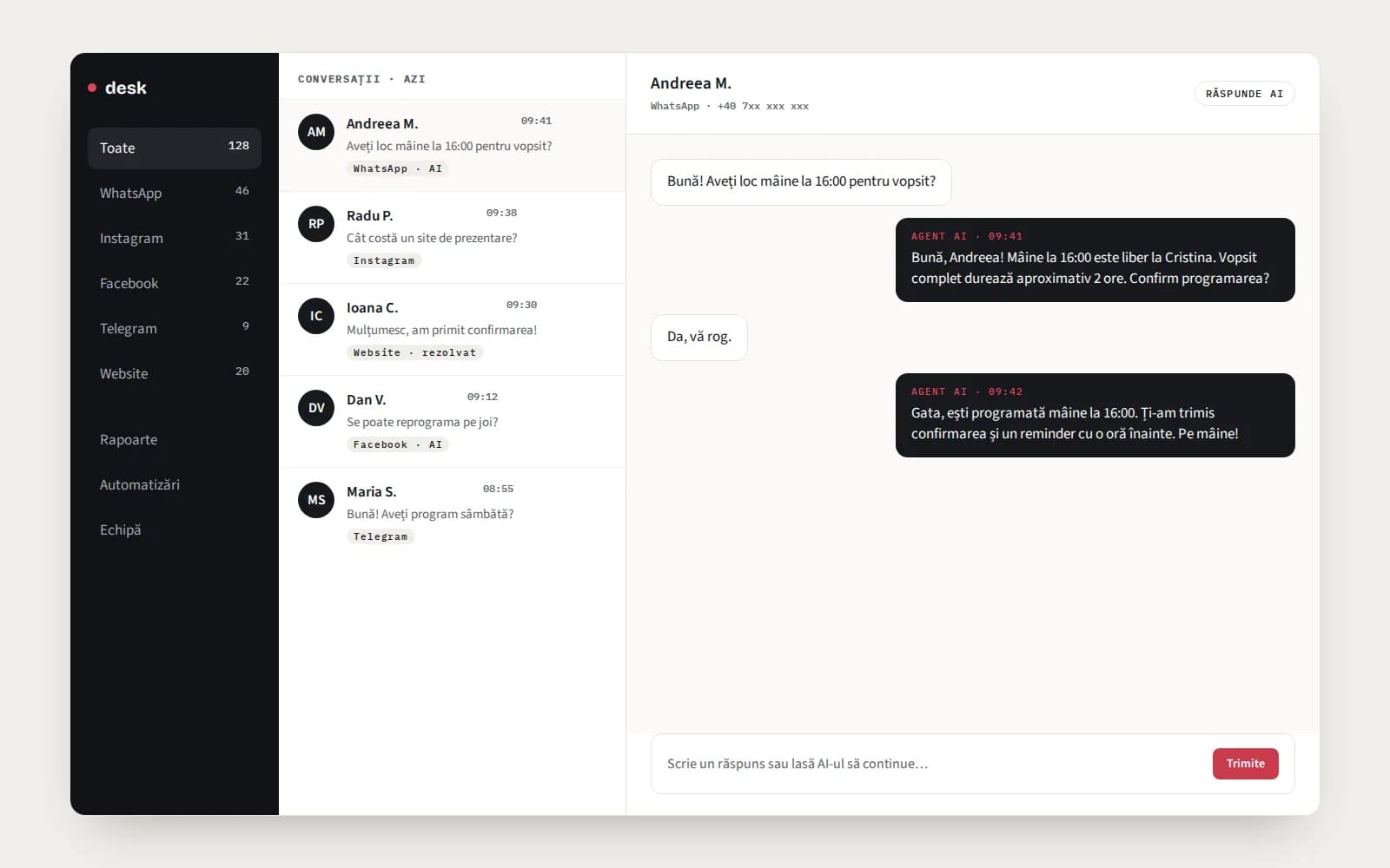 desk.automatizez.ro — inbox unificat multi-canal cu AI