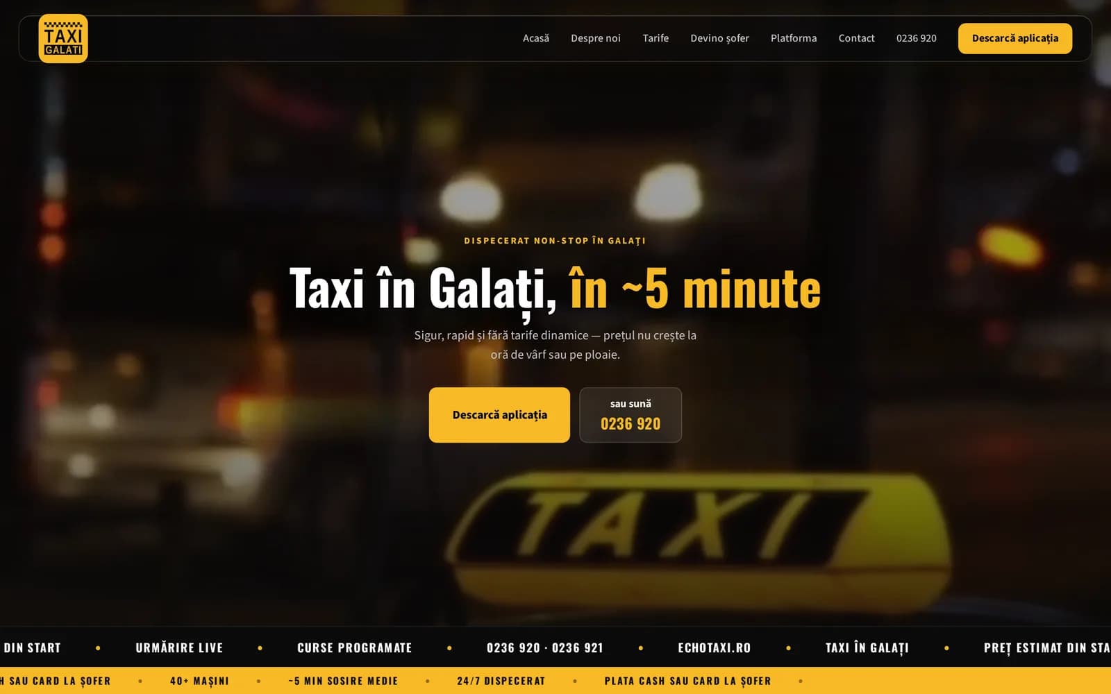 echotaxi.ro — pagina principală: „Taxi în Galați, în ~5 minute”