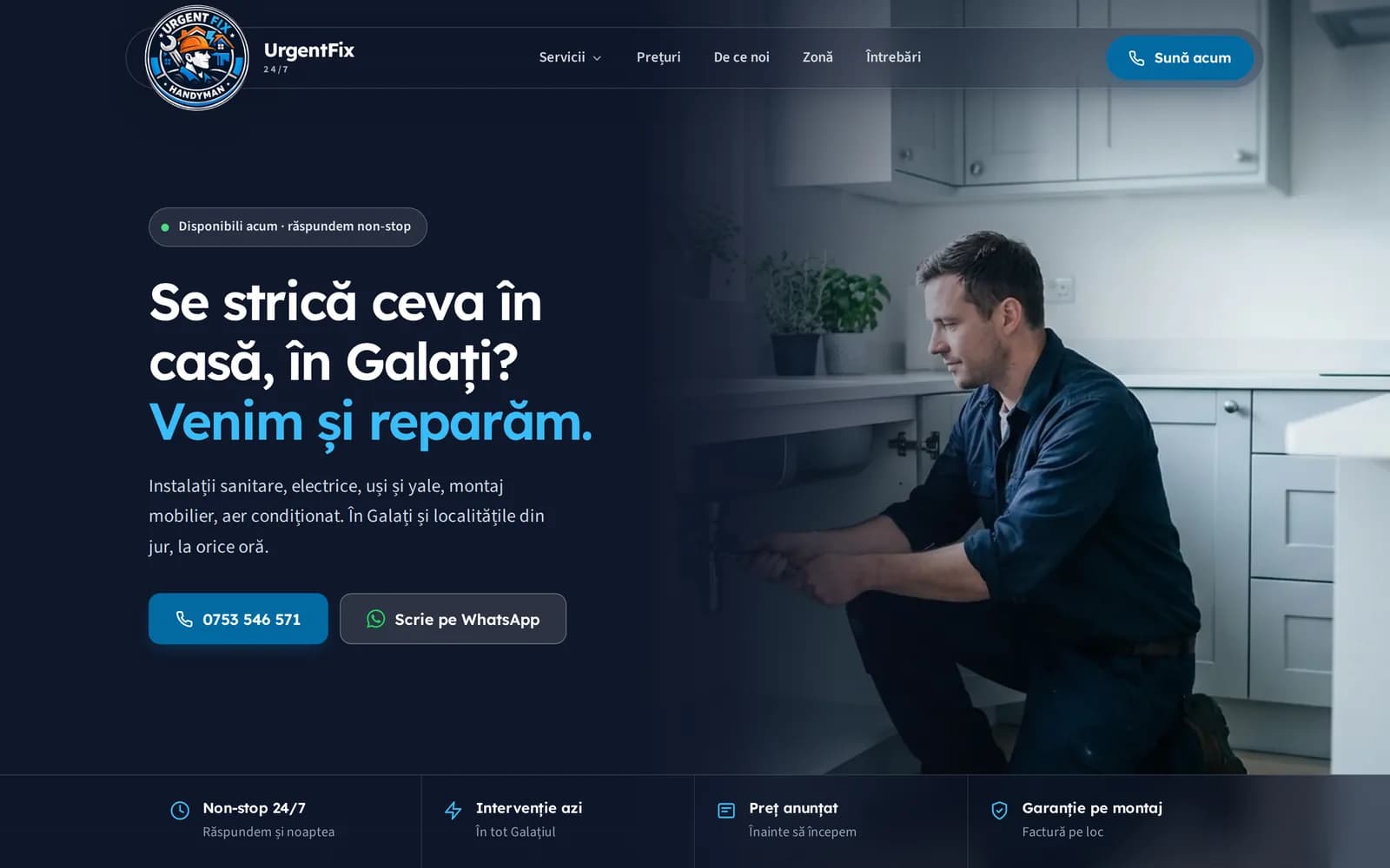 urgentfix.ro — pagina principală: „Se strică ceva în casă, în Galați? Venim și reparăm.”
